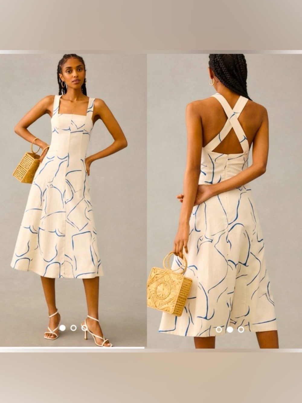 Cory Lynn Calter Midi Dress 100% Orangic Cotton Biege Blue  Size Medium